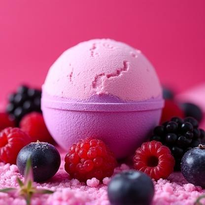 Vivid pink and purple bath bomb with mixed berries