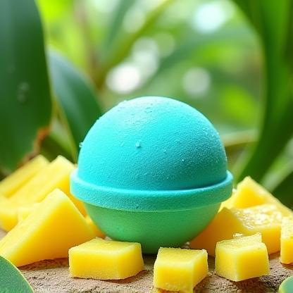 Turquoise bath bomb with pineapple and tropical leaves